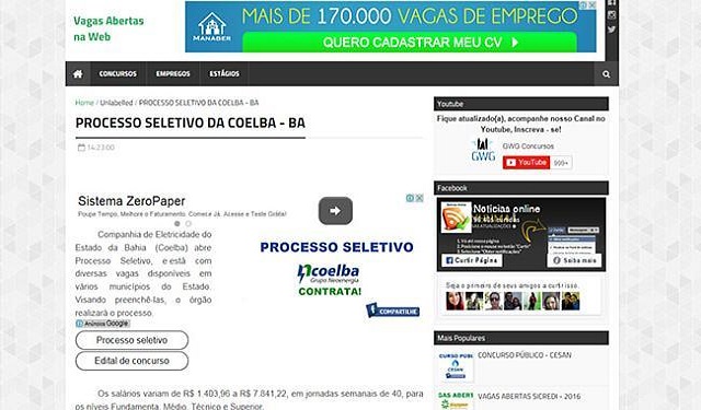 Falso processo seletivo da Coelba anunciado em site fez empresa emitir uma nota (Foto: Reprodução/A tarde))