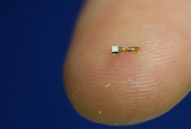 Microssensor sem fio do tamanho de um grão de poeira deve tornar possível monitorar atividade neural em tempo real quando implantado dentro do corpo (Foto: UC Berkeley/Handout via Reuters)