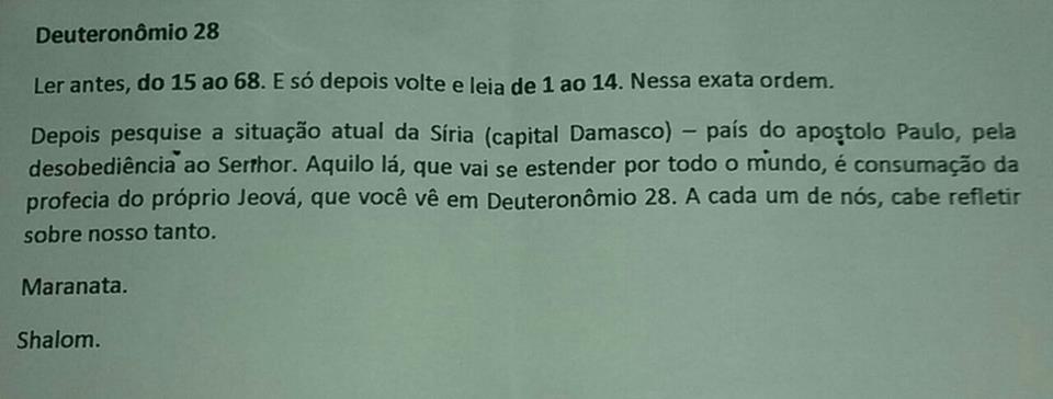 Mensagem dada como 'dever de casa' aos presentes, que teve uma confirmação tremenda no dia seguinte, quando Franco, obedecendo uma ordem de Deus para que levasse um compacto da palavra para a igreja onde congrega, ouviu o diácono mandar que todos abrissem suas bíblias exatamente em Deuteronômio 28.