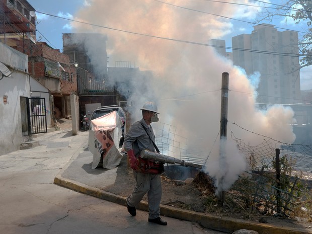 Funcionário do Ministério da Saúde da Venezuela realiza fumigação contra o Aedes aegypti em Caracas (Foto: AFP Photo/Juan Barreto)