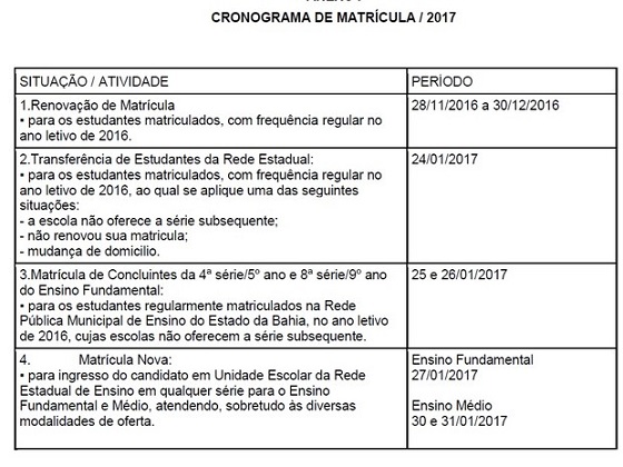  Cronograma de matrícula / 2017