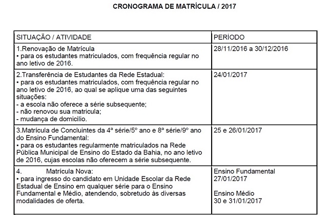 Cronograma de matrícula | 2017