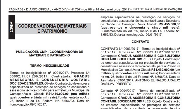 O contrato será dividido entre as Secretarias da Fazenda, Educação e Saúde. A contratação foi publicada no Diário Oficial do Município, Nº 707, Anexo XIV, na página 38. (Foto: Print) O contrato será dividido entre as Secretarias da Fazenda, Educação e Saúde. A contratação foi publicada no Diário Oficial do Município, Nº 707, Anexo XIV, na página 38. (Foto: Print)