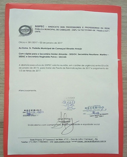 Ofício enviado pela Sispec na terça-feira (03), ao prefeito Elinaldo, com cópia para os titulares da Seduc, Segov e Secad (Foto: Sispec) Ofício enviado pela Sispec na terça-feira (03), ao prefeito Elinaldo, com cópia para os titulares da Seduc, Segov e Secad (Foto: Sispec)