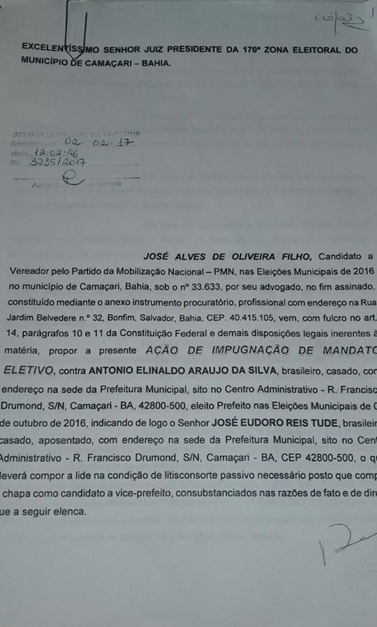 Documento, enviado ao Camaçari Fatos e Fotos, que faz parte do processo impetrado contra a chapa do prefeito Antônio Elinaldo (DEM) e José Tude (PMDB)