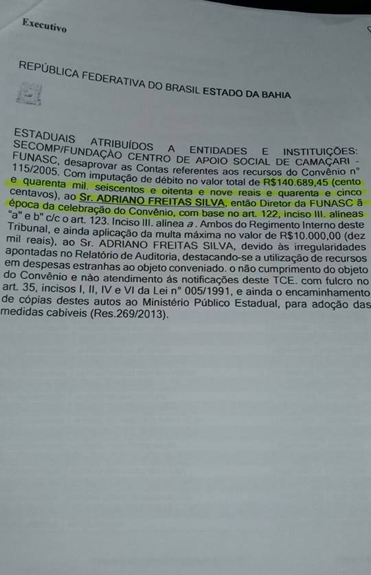 Documento, enviado ao Camaçari Fatos e Fotos, que faz parte do processo impetrado contra a chapa do prefeito Antônio Elinaldo (DEM) e José Tude (PMDB)