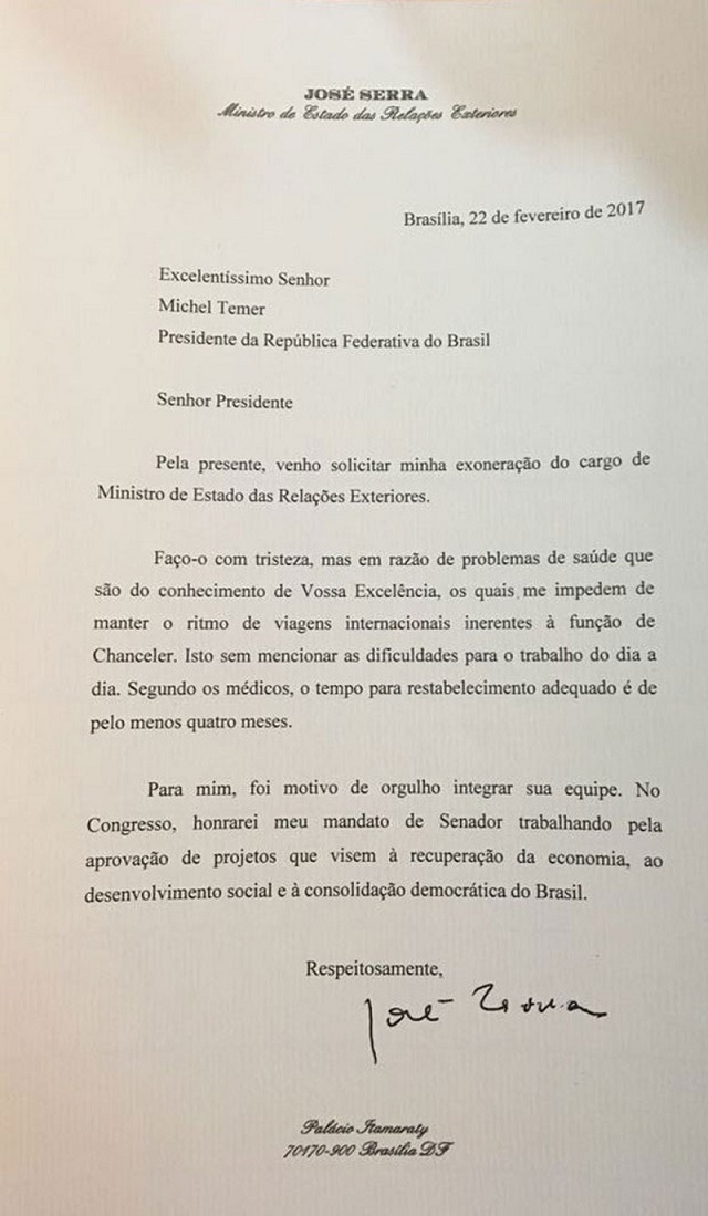 Carta de demissão do ministro José Serra (Foto: Reprodução) Carta de demissão do ministro José Serra (Foto: Reprodução)