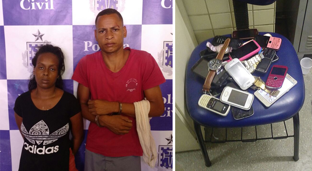 Leidiana e Leandro foram presos enquanto roubavam celulares e objetos em ônibus (Foto: Divulgação/SSP)