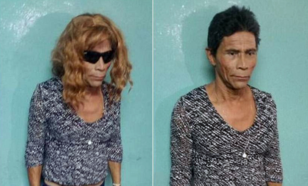 Hondurenho Francisco Herrera Argueta, 55 anos, foi flagrado de peruca loira, óculos escuros, unhas pintadas e enchimentos nos peitos