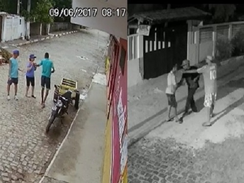 O assaltante pega a corrente da mulher, pede a corrente do idoso que não consegue tirar, mas o bandido retira