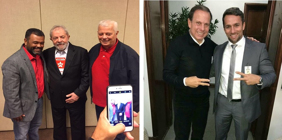 Os vereadores Jackson Josué (PT) e Flavio Matos (DEM) apareceram sorridentes ao lado de figuras de destaque da política nacional