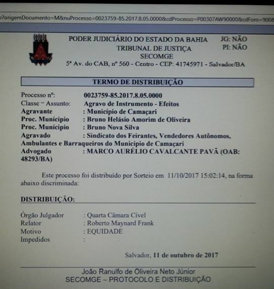 Documento enviado pelo Sindicato dos Feirantes à redação do Camaçari Fatos e Fotos (CFF) Documento enviado pelo Sindicato dos Feirantes à redação do Camaçari Fatos e Fotos (CFF)