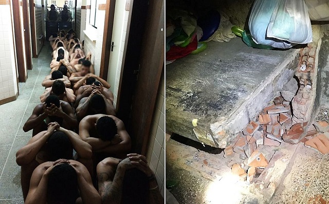 Presos reunidos em corredor, após fuga frustrada; ao lado, buraco que serviria para escapar (Foto: SSP/Divulgação)