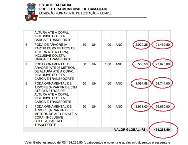 Imagem printada da planilha de preços da licitação para Poda de Árvores lançada pela prefeitura em fevereiro do ano passado, depois de cancelar o contrato existente, com preço infinitamente menor (imagem arquivo CFF)