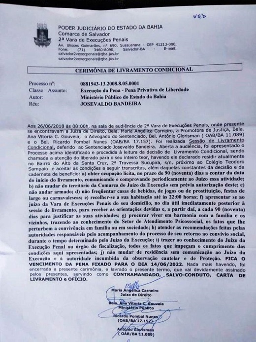 Val Bandeira passou por Sessão de Livramento Condicional nesta terça (Foto: Reprodução | Site Berimbau Notícias)