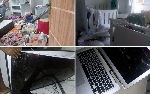 Computador quebrado, gavetas reviradas e roupas espalhadas no chão - em um dos cômodos, estão um berço e roupas de bebê (Foto: Reprodução)