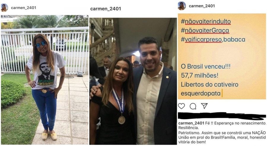 Carmem Eliza e as publicações em suas redes sociais (Reprodução)