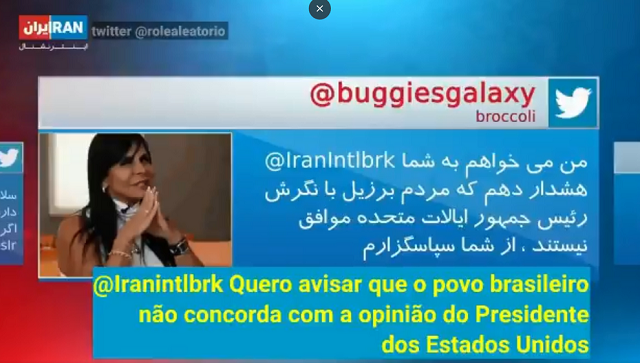 Vários tweets e até um meme de Gretchen foram mostrados em uma reportagem da Iran International TV sobre a repercussão dos ataques (Foto: Reprodução)