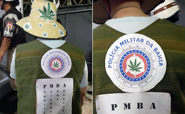 Folião fantasiado de PM foi detido por apologia à maconha e uso indevido de insígnia alterada da polícia (Foto: Reprodução)