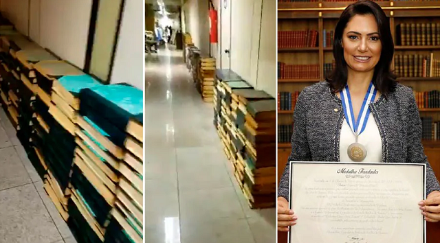 Michelle e o acerco da biblioteca presidencial empilhado no chão do Planalto (Foto: Montagem)
