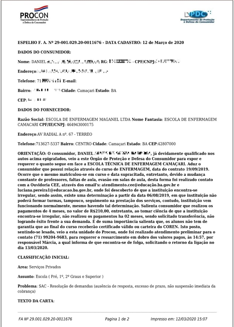Certidão do Procon, constante da denúncia feita por um dos alunos contra a Escola, enviada ao CFF (Foto: Cedida)