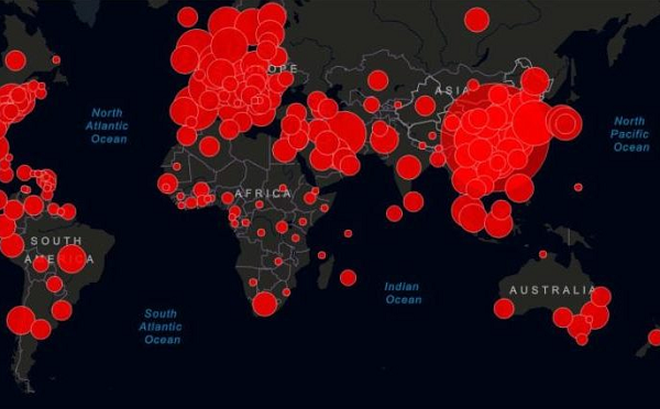 Mapa interativo em tempo real para acompanhamento e rastreio dos casos do vírus no mundo todo (Foto: Reprodução)