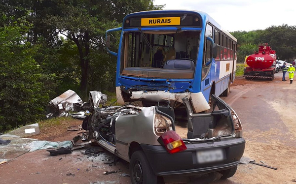 O carro em que todas as vítimas estavam se perdeu em uma curva e bateu de frente em um ônibus (Foto: Reprodução)