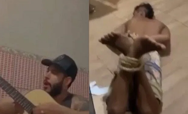 Cantor Brunno Souza ao lado do suspeito imobilizado (Foto: Reprodução | Montagem)