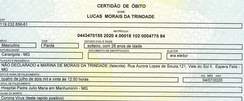 Atestado de óbito tem resultado positivo para a covid-19 (Foto: Reprodução)