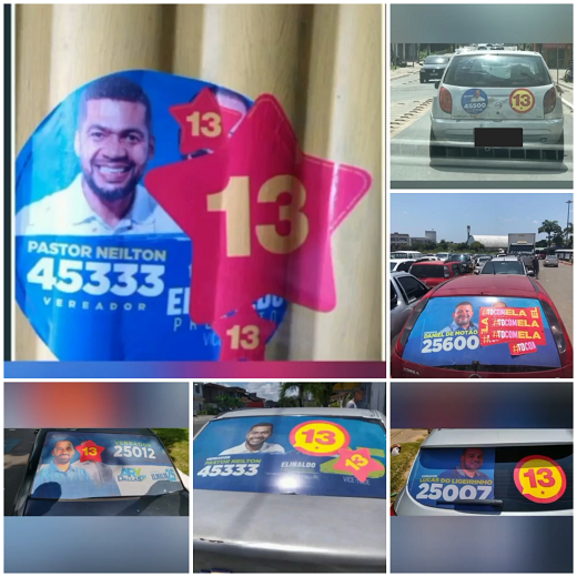 Em veículos e casas, os perfurites e adesivos com o rosto de Elinaldo são cobertos - Foto: Montagem | CFF