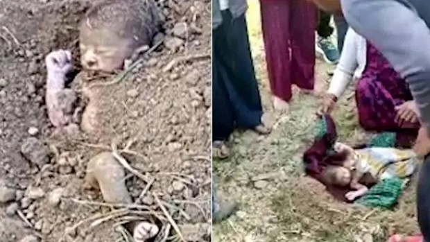 Homem passou pelo local e viu parte do rosto da criança no meio da terra (Foto: Reprodução)