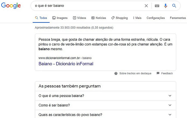 Essa descrição antiquada e xenofóbica era dada pelo site Dicionário inFormal e colocada em destaque pelo buscador (Foto: Reprodução | Print | Google)