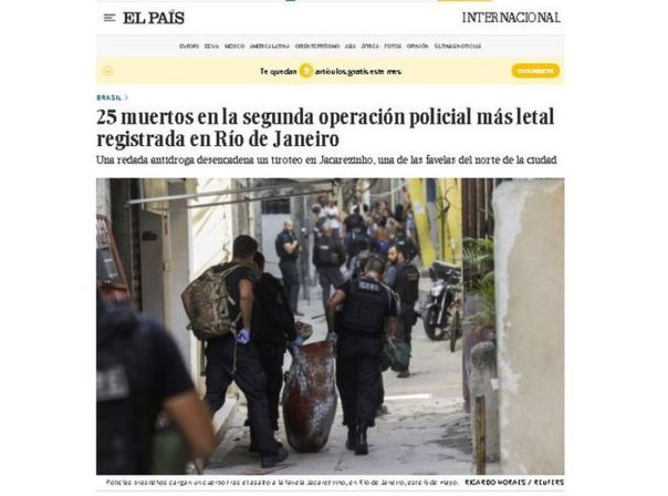 El País questiona apoio de parte da imprensa local à operação mais letal da história do RJ (Foto: Reprodução | Site El País)