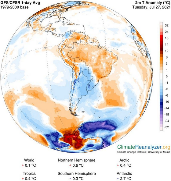 Imagem computadorizada da última terça (27/7) mostra massa de ar quente deixando a América do Sul rumo à Antártida enquanto massa de ar frio deixa a Antártida rumo à América do Sul (Foto: Universidade do Maine)