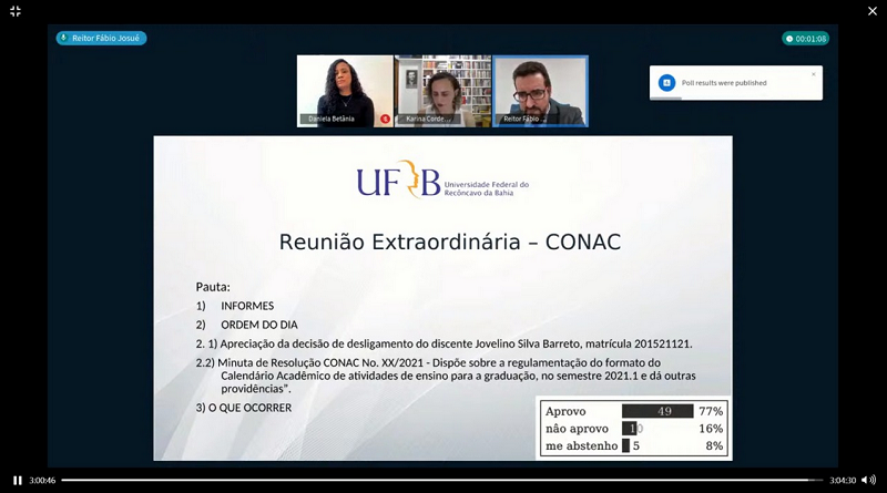 Print da reunião do conselho da UFRB que determinou expulsão de estudante (Foto: Reprodução)