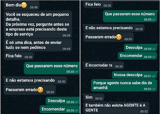 Nos prints da conversa é possível ver que a atendente passou a corrigir os erros da cuidadora, que tentou se explicar (Foto: Reprodução)