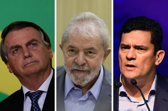 Presidente Jair Bolsonaro (sem partido), Ex-presidente Luiz Inácio Lula da Silva (PT) e o ex-juiz Sergio Moro (Foto: Reprodução)