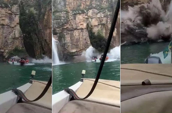 Em vídeo que circula nas redes sociais, é possível ver que o impacto das pedras causa uma forte onda e atinge lanchas no local (Foto: Reprodução)