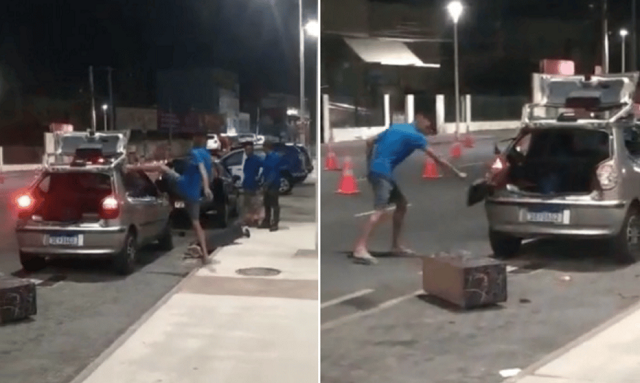 Homem foi filmado destruindo o próprio carro após ser abordado pelos agentes de trânsito (Foto: Reprodução)