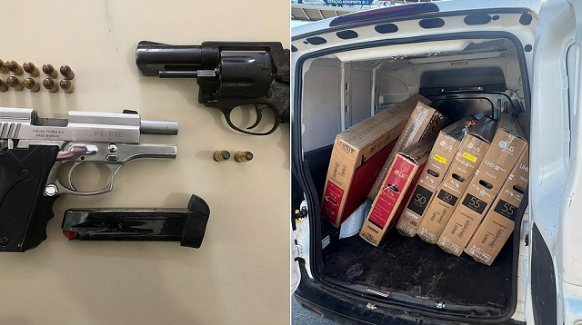 Equipes da 52ª Companhia Independente de Polícia Militar (CIPM) e do Batalhão de Polícia de Choque conseguiram capturar os criminosos e encontraram uma pistola e um revólver usados pelos assaltantes (Foto: Divulgação/SSP)
