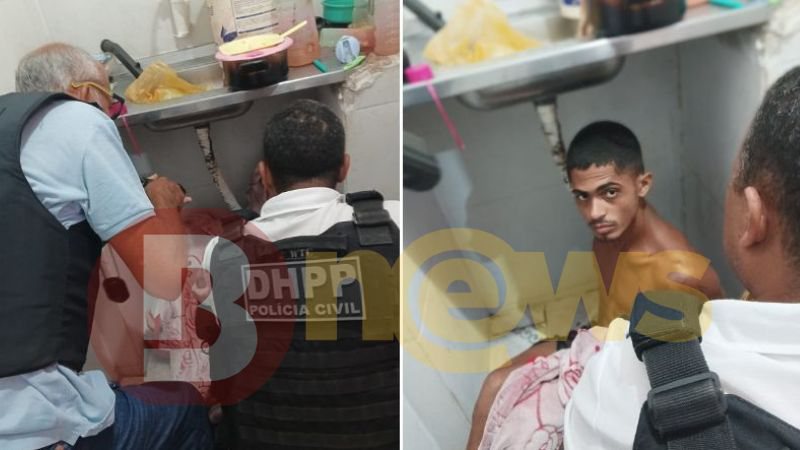 Patrick Pereira de Souza Pinho, de 22 anos, suspeito de matar o dentista Lucas Maia de Oliveira, flagrado embaixo da pia da cozinha - Reprodução BNews