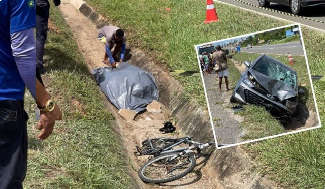 Mulher pedalava no canteiro central quando foi atingida (Foto: Adriano Luna/TV Bahia)