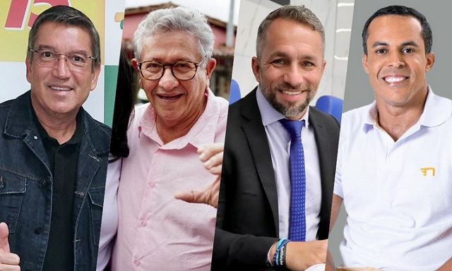 Candidatos a prefeito de Camaçari (dir. para esq.), Oswaldinho Marcolino (MDB), Luiz Caetano (PT), Flávio Matos (União Brasil) e Cleiton Pereira (Novo) (Foto: Reprodução)