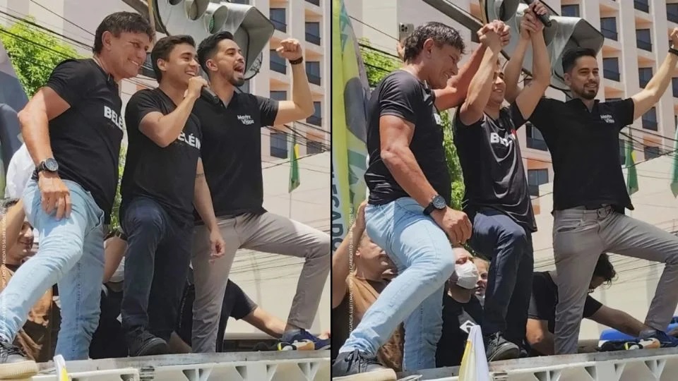 Campanha do bolsonarista Éder Mauro com Nikolas Ferreira em Belém. A estética da extrema direita é permeada por uma iconografia que valoriza a força física masculina e a virilidade. Imagens de homens musculosos, armados e em posições de poder dominam o imaginário coletivo bolsonarista. Créditos: Reprodução de vídeo / Instagram