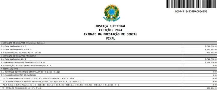 Prestação de contas de Flávio Matos (Foto: Prestação de contas)