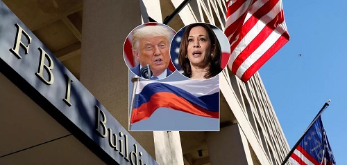FBI, Donald Trump, Kamala Harris, bandeiras da Rússia (ao centro) e dos EUA. De acordo com o órgão norte-americano, algumas ameaças partiram supostamente de e-mails russos. (Foto: YURI GRIPAS / REUTERS I REUTERS)