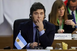 Javier Milei, presidente da Argentina. Manifestação de Milei aconteceu durante primeira reunião da cúpula, quando todos os membros tratavam da Aliança Global Contra a Fome. Foto: Ricardo Moraes