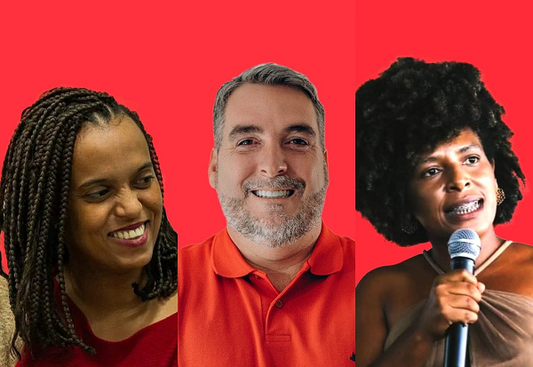 Ellen Coutinho, diretora da Fundação Perseu Abramo desde 2020, Sandro Magalhães, atual presidente do PT de Serrinha, ao lado, Liu Durães, atuante no Movimento dos Trabalhadores Rurais Sem Terra (MST) (Foto: Montagem)