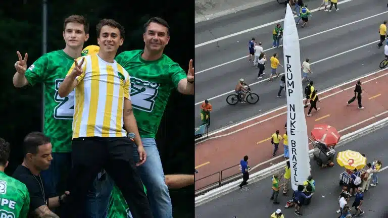 ACORDA!!! – Ato do ”patriota” Flávio Bolsonaro na Paulista pede que Trump bombardeie o Brasil