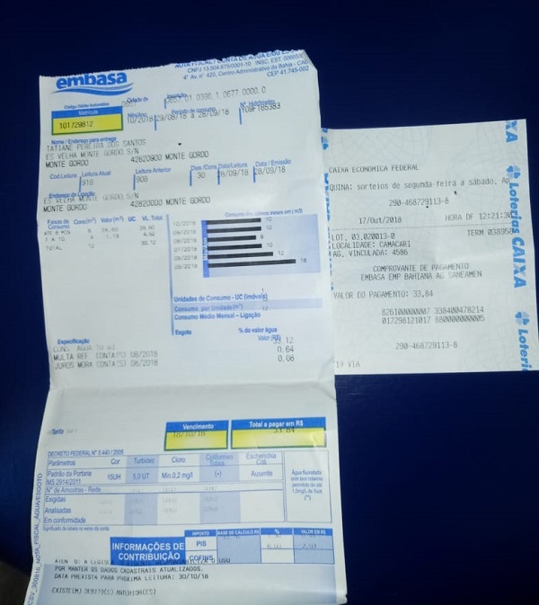 Comprovante da pontualidade no pagamento da conta da usuária para com a Embasa (Foto: Redação | CFF)